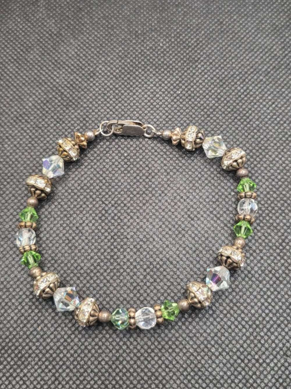 Vintage 925 Sterling Silver Clasp Crystal Beaded Bracelet Green AB Rhinestone 8"